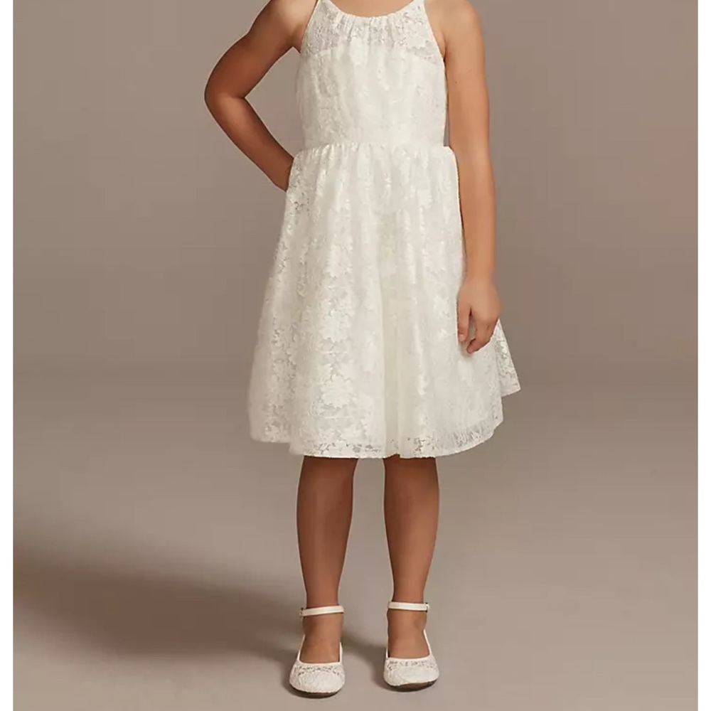 David’s Bridal White Illusion Lace Tie Back Halter Flower Girl Dress, 8